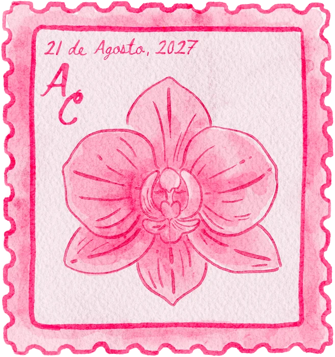 Sello con una orquídea y la fecha 21 de agosto de 2027, iniciales C y A